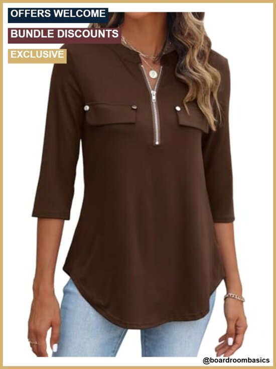 Tops - 3/4 Sleeve V Neck Zip Flowy Tunic Top Blouse